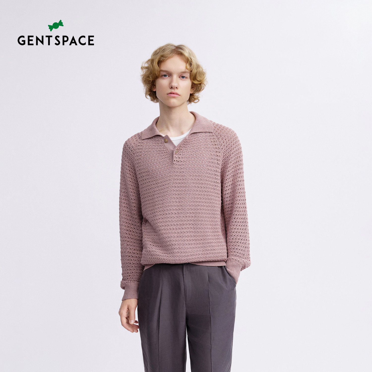 GENTSPACE秋季套头翻领肌理镂空复古时髦插肩长袖针织衫