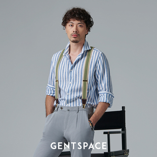 男士 GENTSPACE新款 衬衫 休闲衬衫 雾霾蓝色温莎领亚麻竖条纹长袖