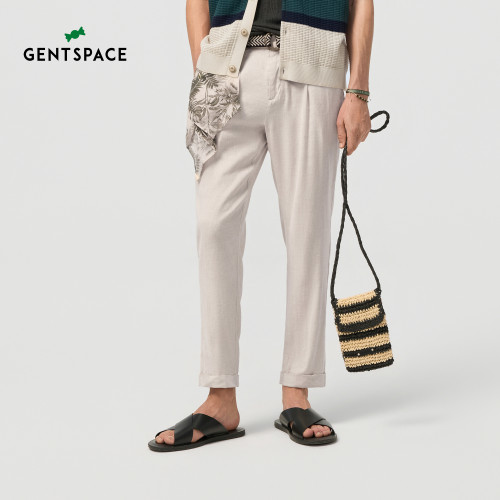 GENTSPACE2026年春夏新品亚麻混纺微皱肌理撞色刺绣男士休闲裤
