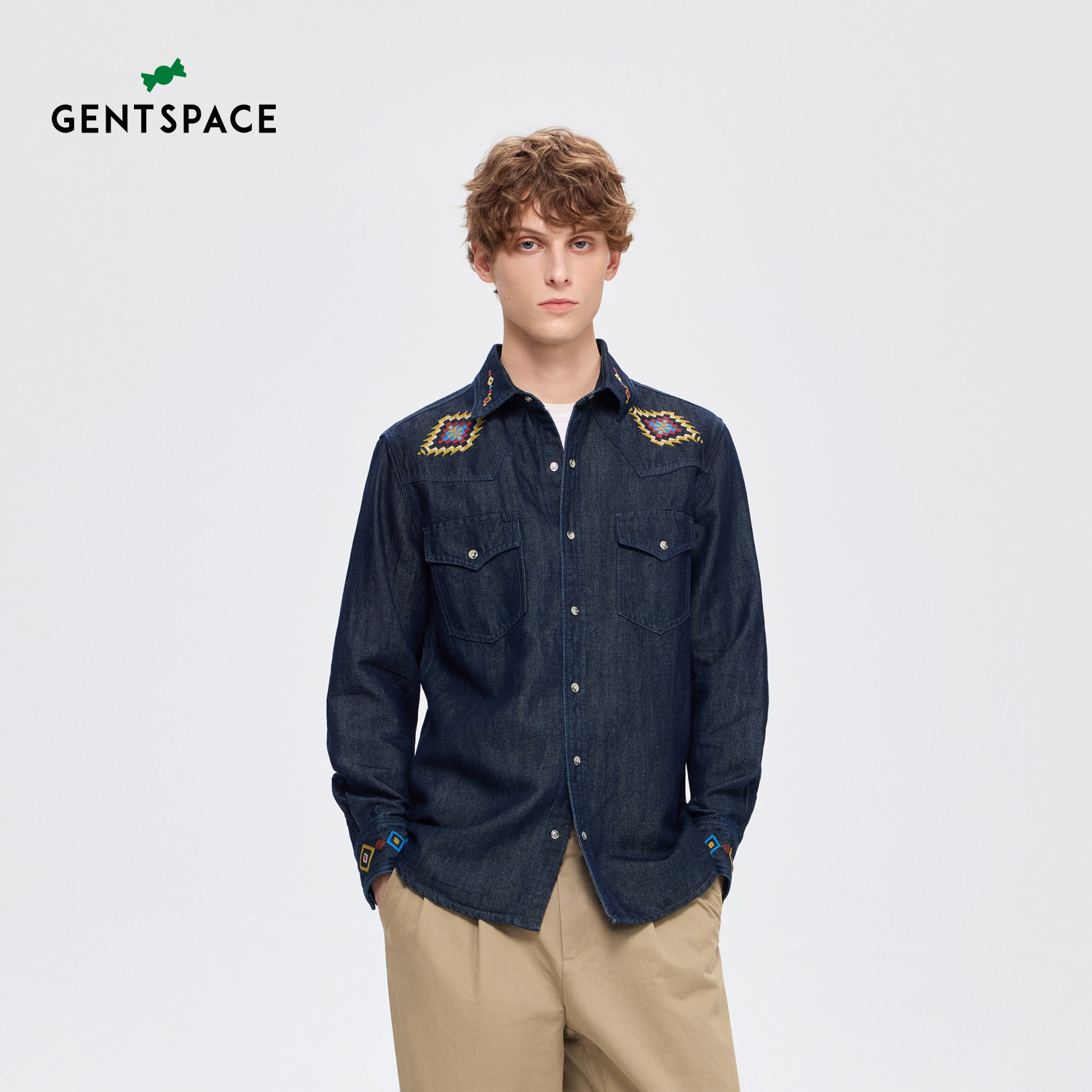 GENTSPACE秋季新品棉麻混纺时尚刺绣休闲长袖衬衫男士衬衫