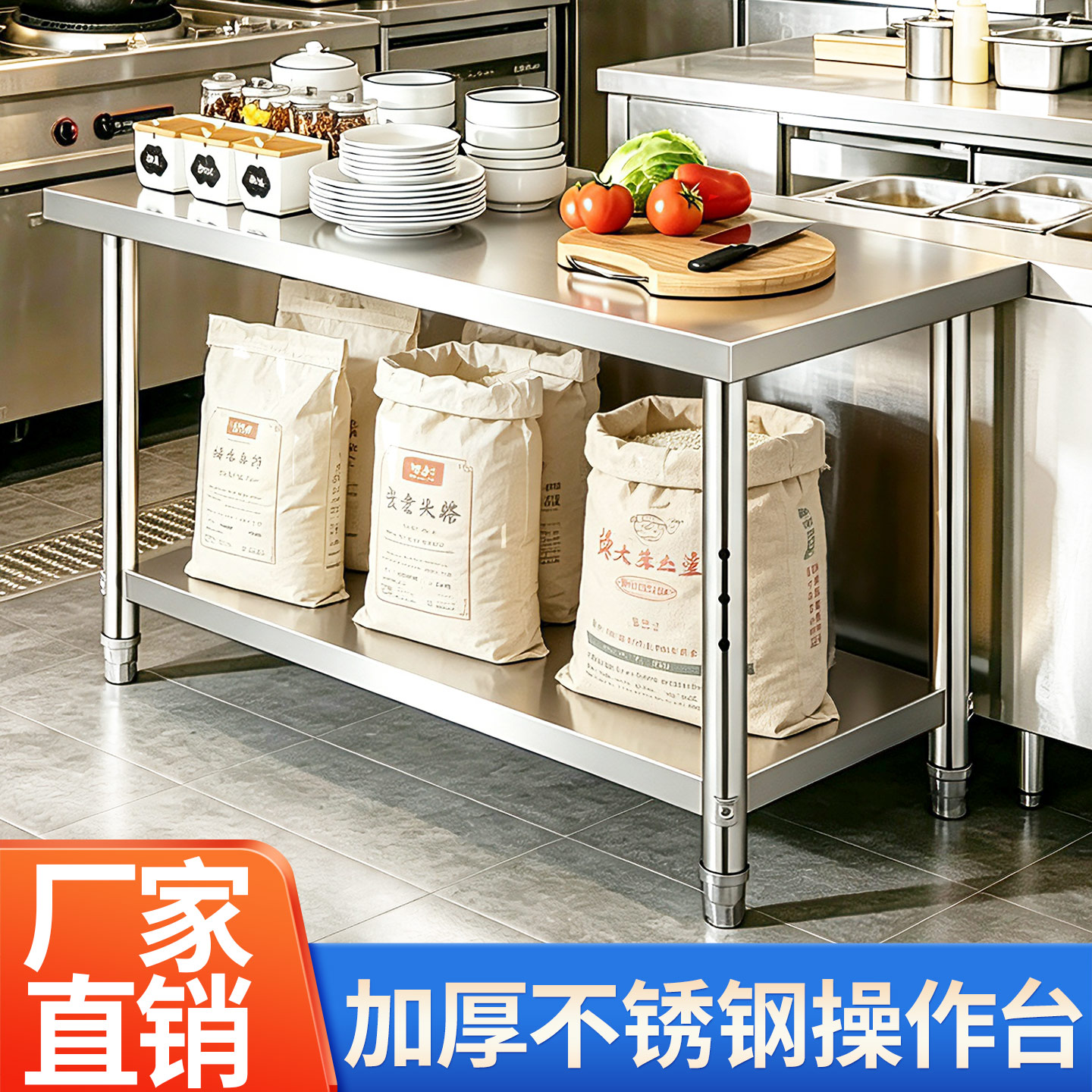 加厚不锈钢双层厨房操作台商用