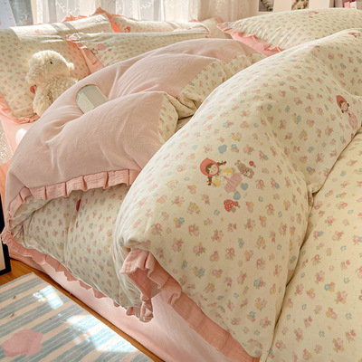 秋冬加厚牛奶绒四件套a类花边