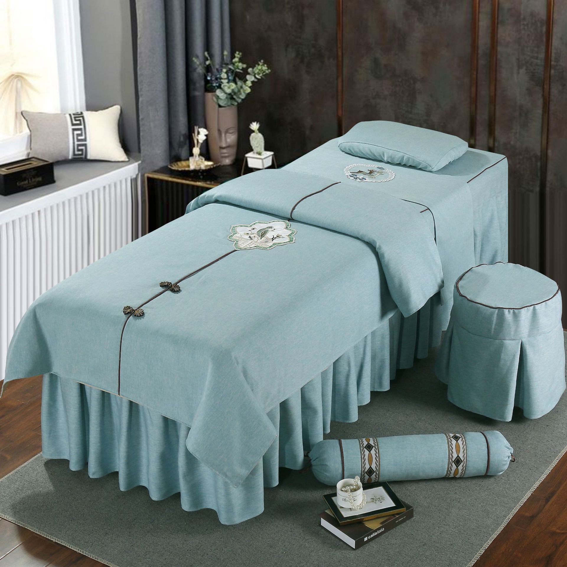 纯棉麻美容床罩四件套理疗按摩套