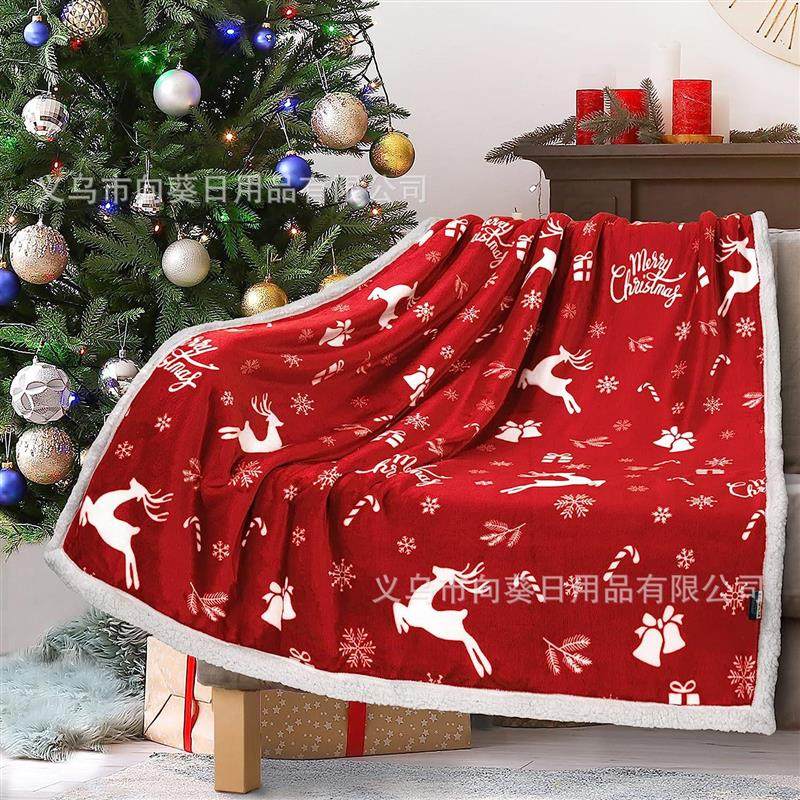 2025直售亚马逊圣诞麋鹿雪人姜饼人雪花印花双层加厚卧室沙发盖毯