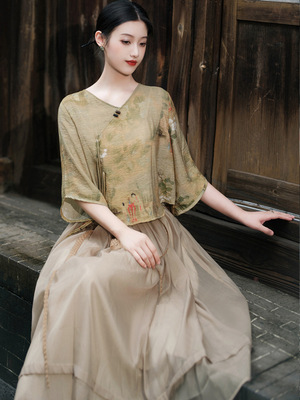 新中式国风女装套装复古印花改良旗袍上衣半裙古装汉服两件套茶服
