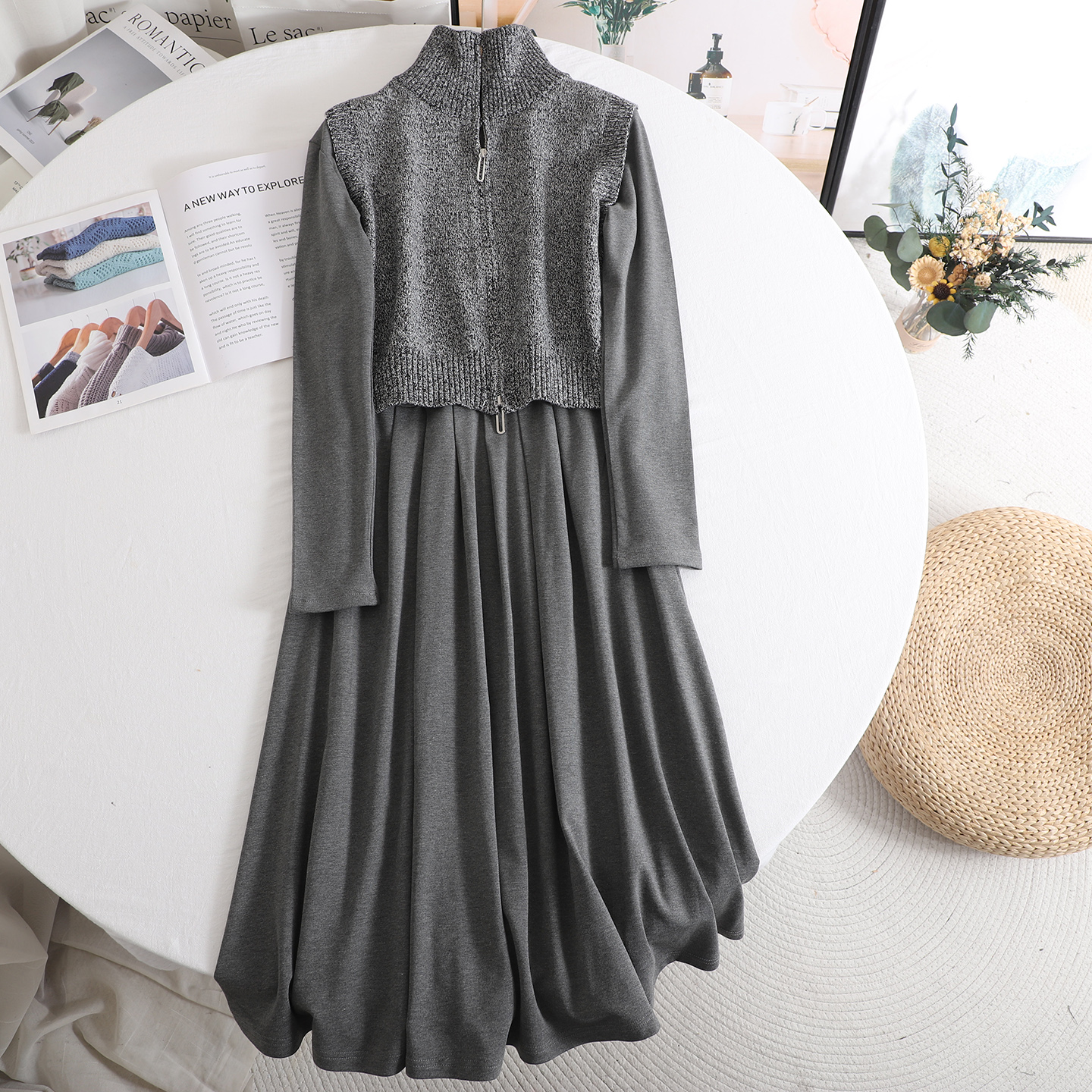 设计感显瘦马甲针织连衣裙套装