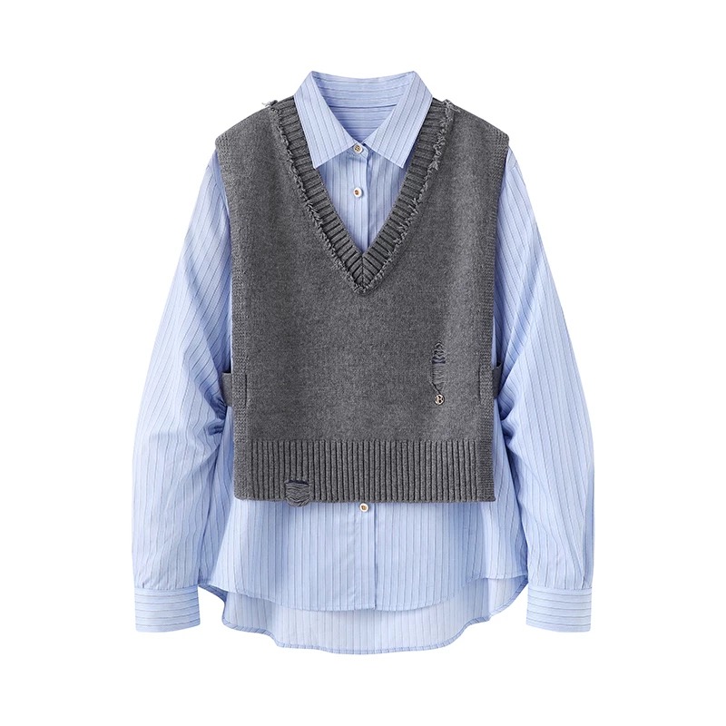 学院风V领针织马甲衬衫两件套
