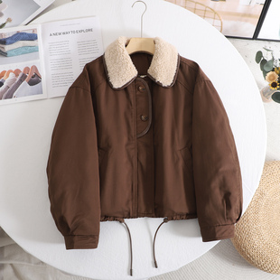 伊系 复古撞色拼接毛领短款羽绒服女工装风棕色外套2025秋冬季