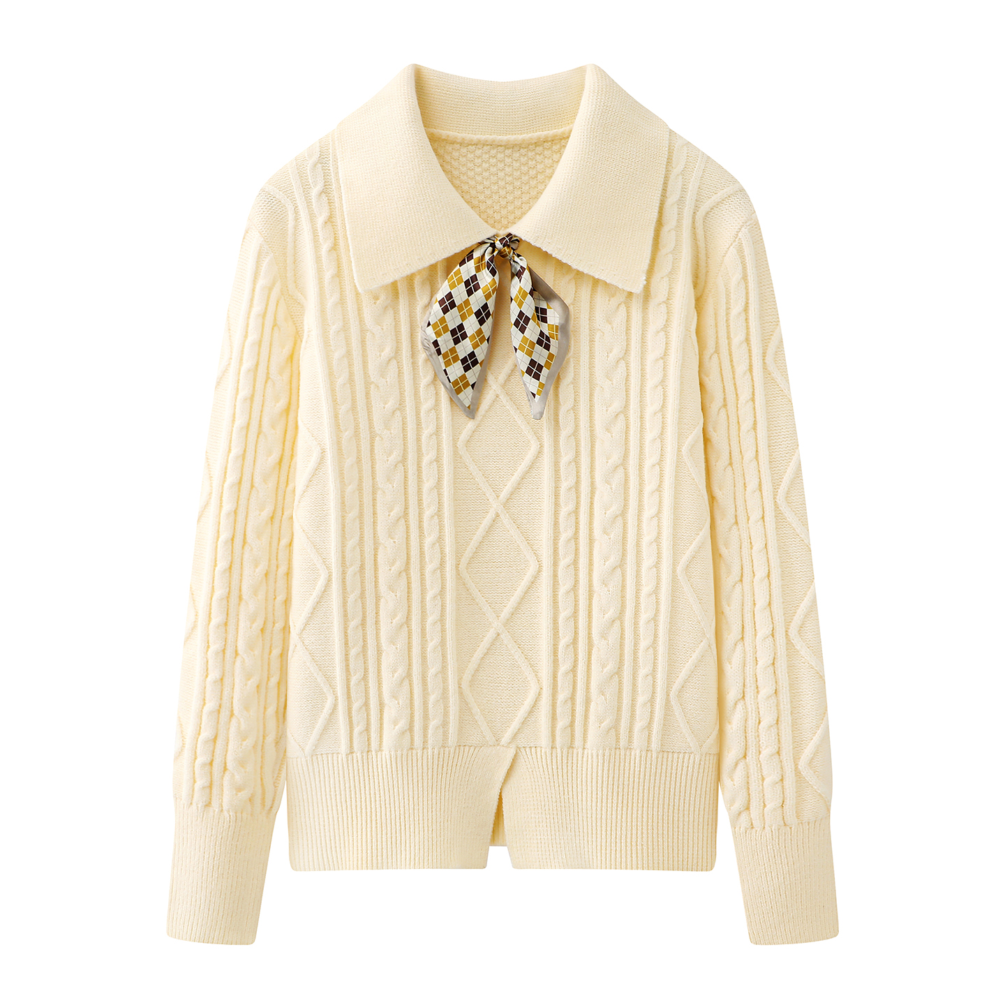学院风翻领绞花纹丝巾毛衣女