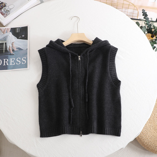 时尚 韩版 减龄设计感连帽拉链针织马甲背心上衣女 2025秋冬新款 艾