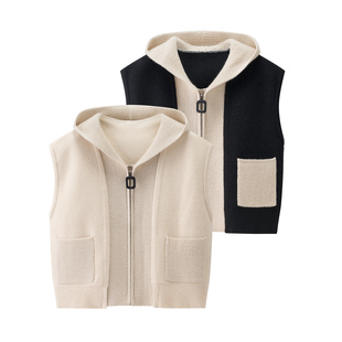 通勤风连帽拉链针织马甲女2025冬季无袖坎肩外套宽松显瘦减龄时尚