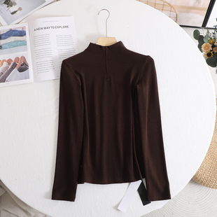 法式 打底上衣女2025秋新款 修身 针织衫 显瘦半高领纽扣咖色长袖 艾