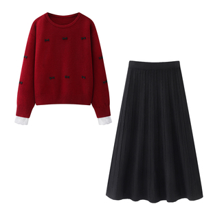 黑色松紧腰半身裙温柔套装 2026春季 红色针织衫 蝴蝶结蕾丝袖 新款