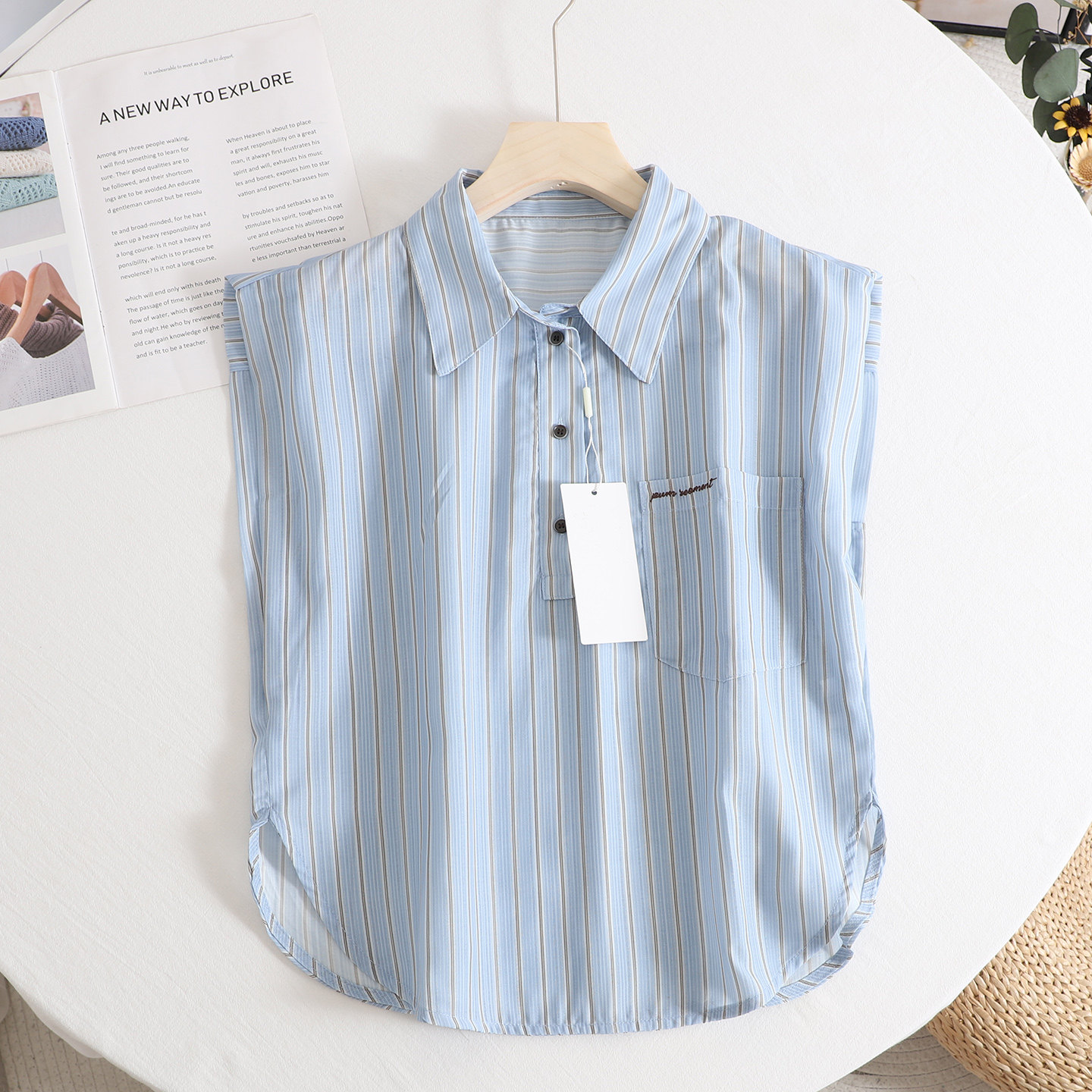 麦 宽松休闲POLO领口袋字母刺绣无袖衬衫26夏季新款蓝色条纹衬衣