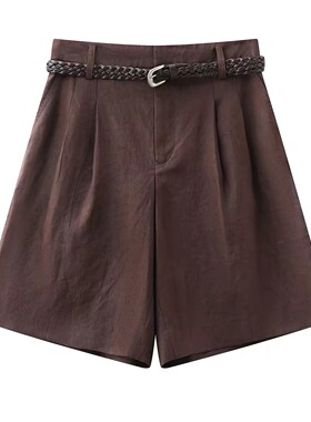 艾 配腰带26夏季新款高腰系带百搭显瘦棕色休闲A字短裤女2108