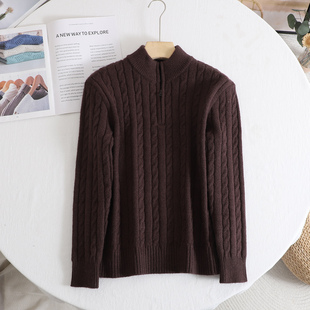 艾 女2025秋冬保暖套头毛衣外套上衣 老钱风半拉链立领绞花针织衫