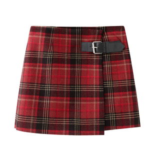 高腰显瘦百搭防走光裙裤 艾 新款 25冬季 格子短裙 红色格纹A字半裙