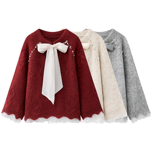 法式甜美风重工钉珠蕾丝蝴蝶结毛衣女2026春季宽松显瘦针织上衣