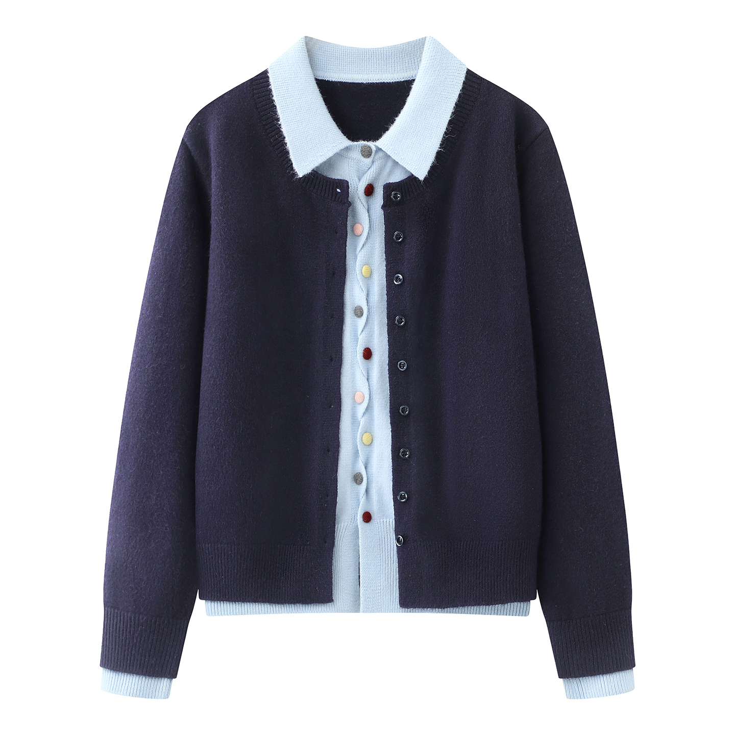 复古撞色翻领假两件毛针织衫