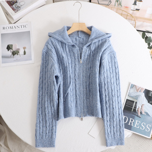 麦 时尚百搭休闲绞花连帽针织拉链开衫女2025秋季蓝色毛衣外套