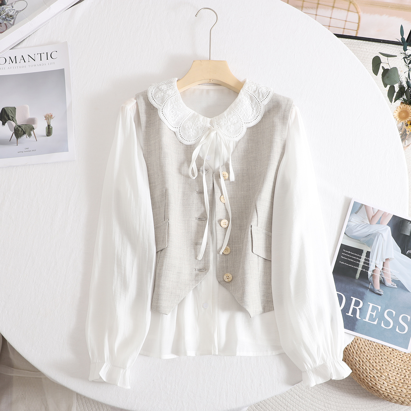 优雅减龄蕾丝花边领白色长袖衬衫收腰马甲背心2025秋季时尚套装女