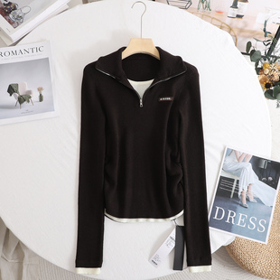 打底衫 艾 显瘦撞色长袖 女2025秋修身 上衣 假两件半拉链翻领针织衫