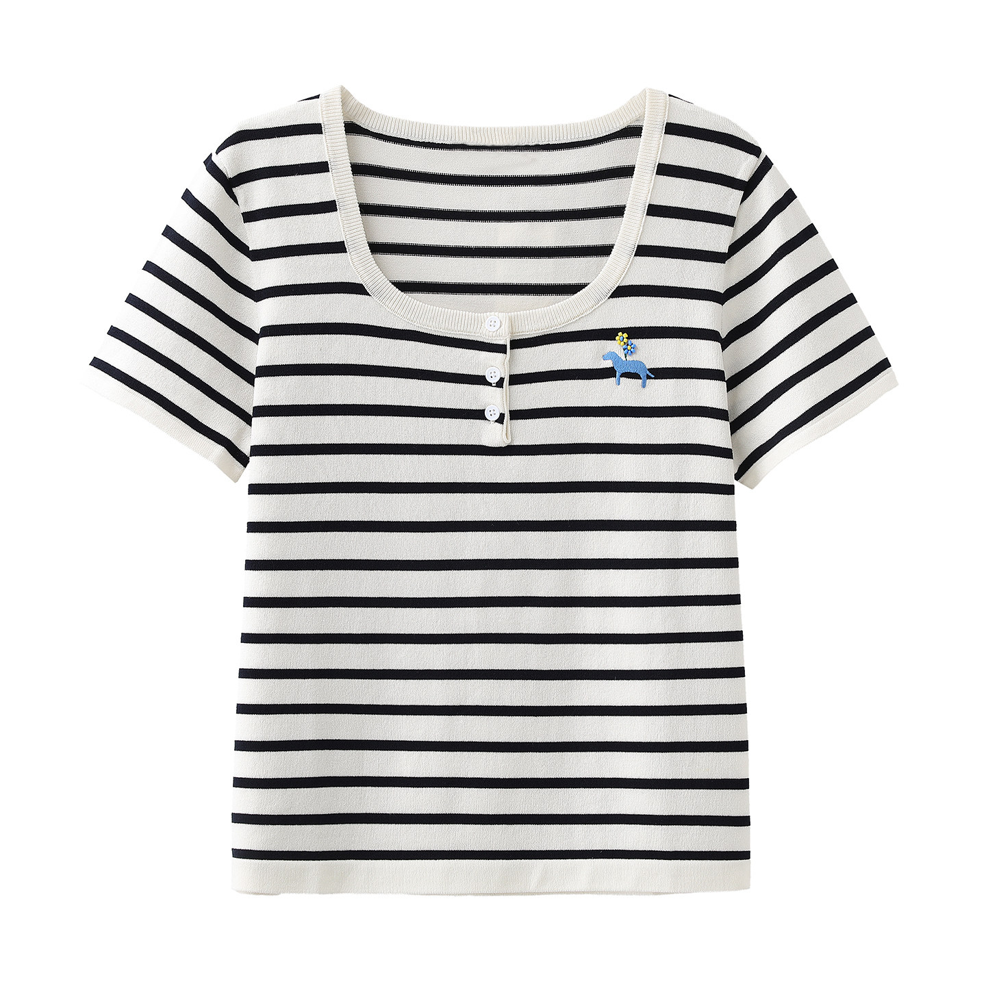 茵 冰丝条纹针织衫短袖2026春夏新款半开襟刺绣套头针织上衣女