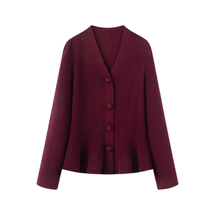 女2025秋冬修身 显白V领气质荷叶边针织衫 显瘦洋气毛衣外套 法式 艾