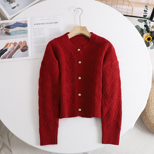秋水の红色毛衣开衫2025新款法式简约慵懒感气质钩花镂空针织衫女