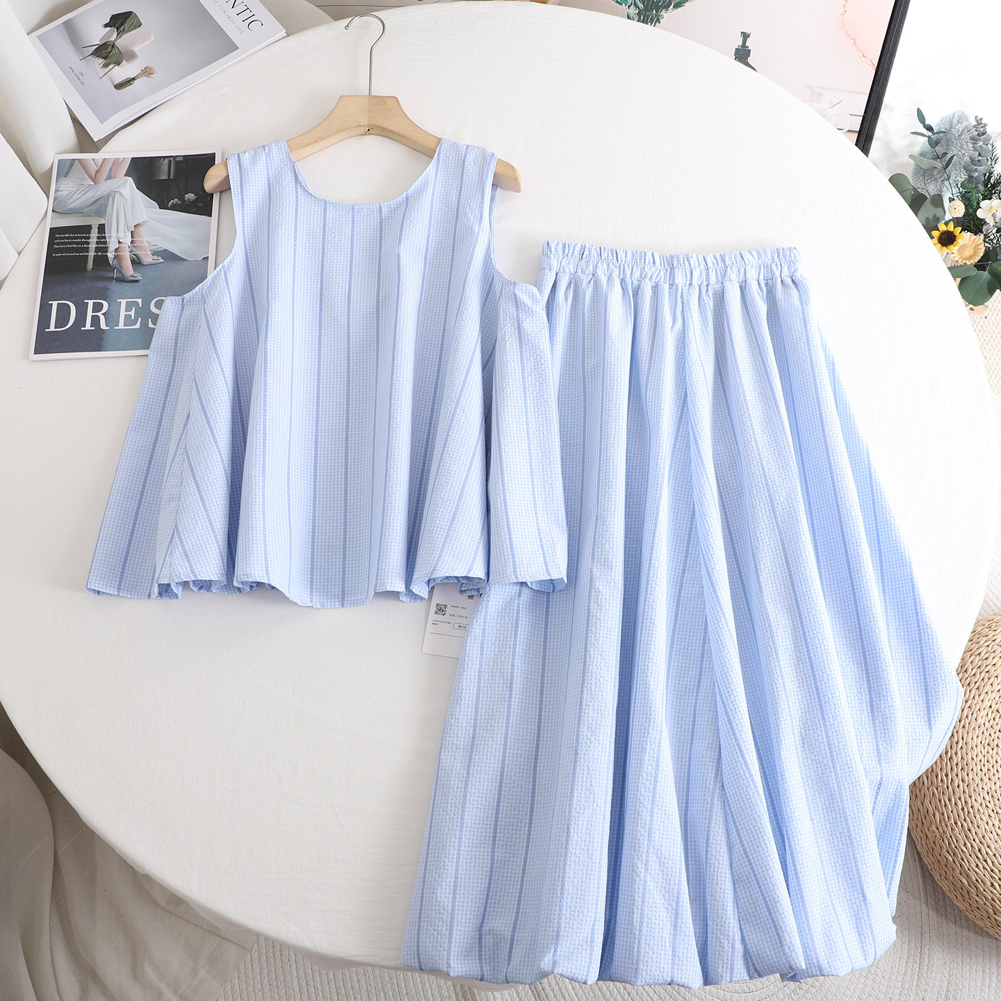 阔の2025夏季新款韩版百搭甜美气质高级感条纹吊带半身裙套装女,女装/女士精品,时尚套装,淘宝优惠券,粉丝福利购,淘宝优惠卷