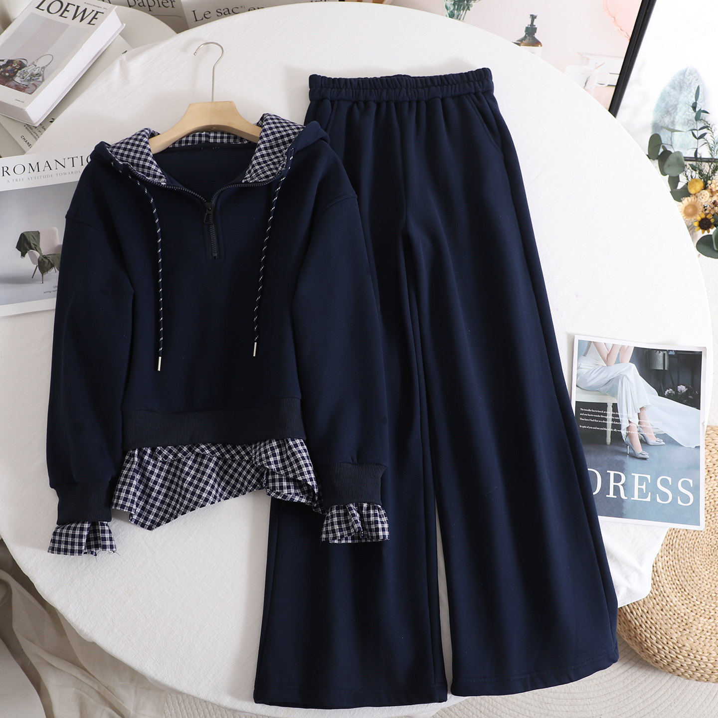 影系 学院风假两件格纹拼接卫衣卫裤套装女2025秋冬休闲两件套,女装/女士精品,时尚套装,淘宝优惠券,粉丝福利购,淘宝优惠卷