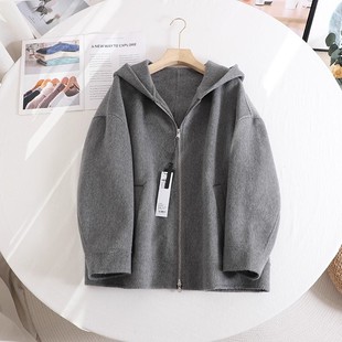 艾 气质连帽拉链毛呢外套女2025秋冬宽松休闲灰色双面呢大衣 时尚