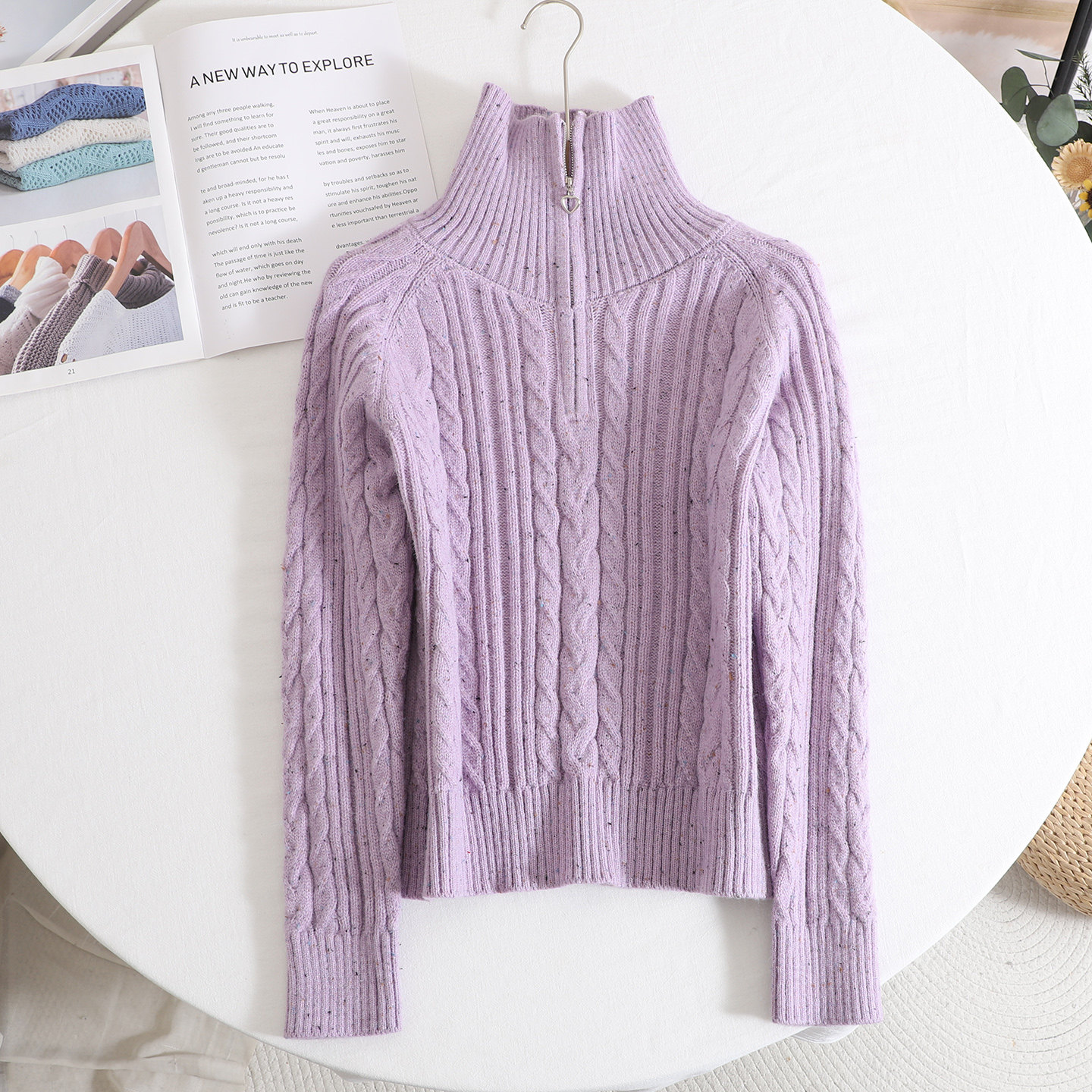 影系 紫色高领半开襟麻花针织衫女加厚保暖毛衣开衫2025秋冬新款