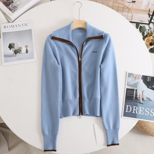 麦 女2025秋冬毛衣外套上衣 学院风撞色复古翻领双拉链针织开衫