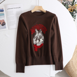 麦 卡通猫咪圆领针织衫女2026春季减龄套头毛衣宽松百搭毛衣上衣