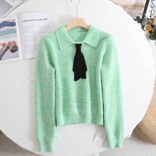 针织衫 阔 领结飘带翻领显瘦长袖 新款 女 温柔显白绿色毛衣2025冬季