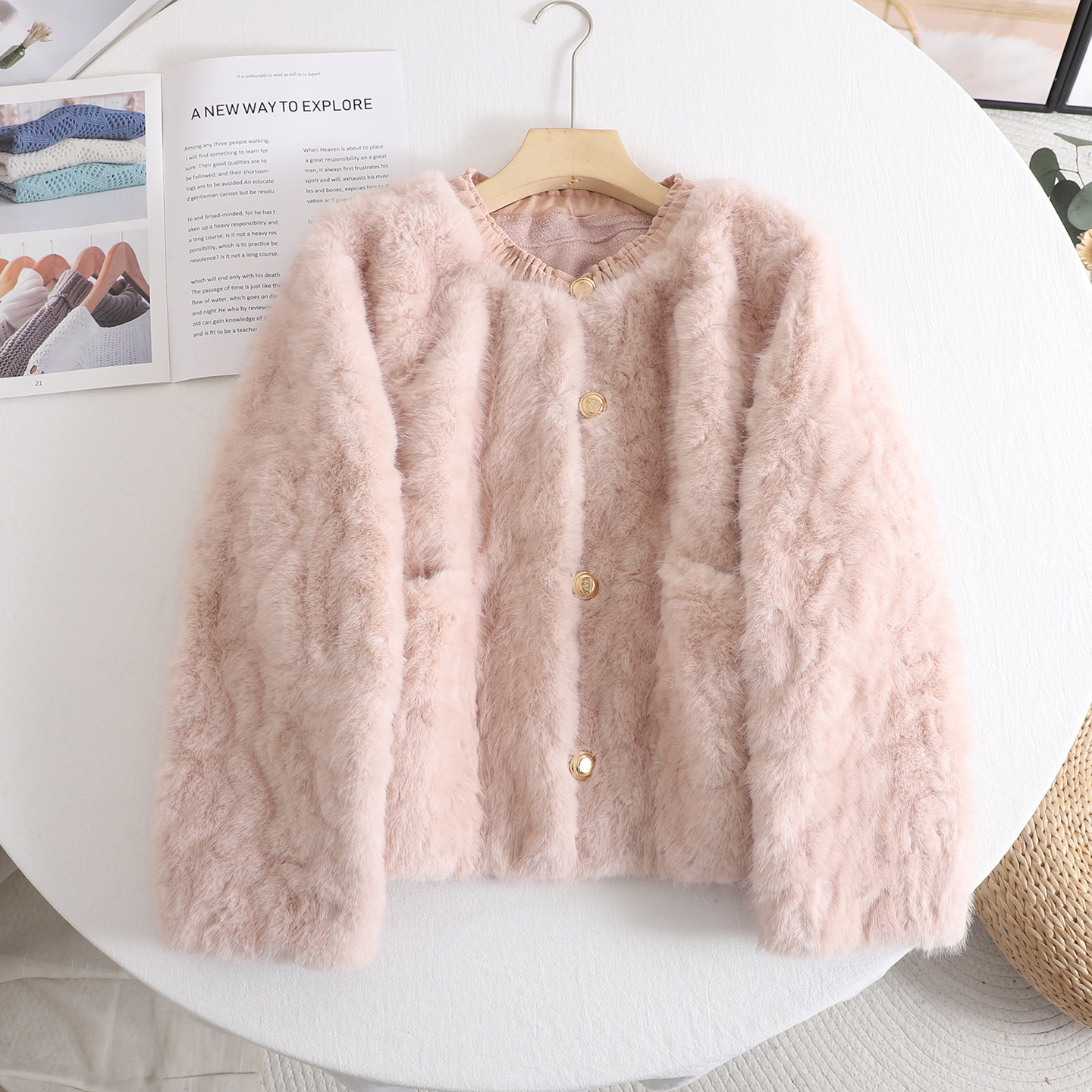 影系 千金风粉色甜美减龄环保皮菜短外套女保暖毛毛外套2025秋冬,女装/女士精品,短外套,淘宝优惠券,粉丝福利购,淘宝优惠卷