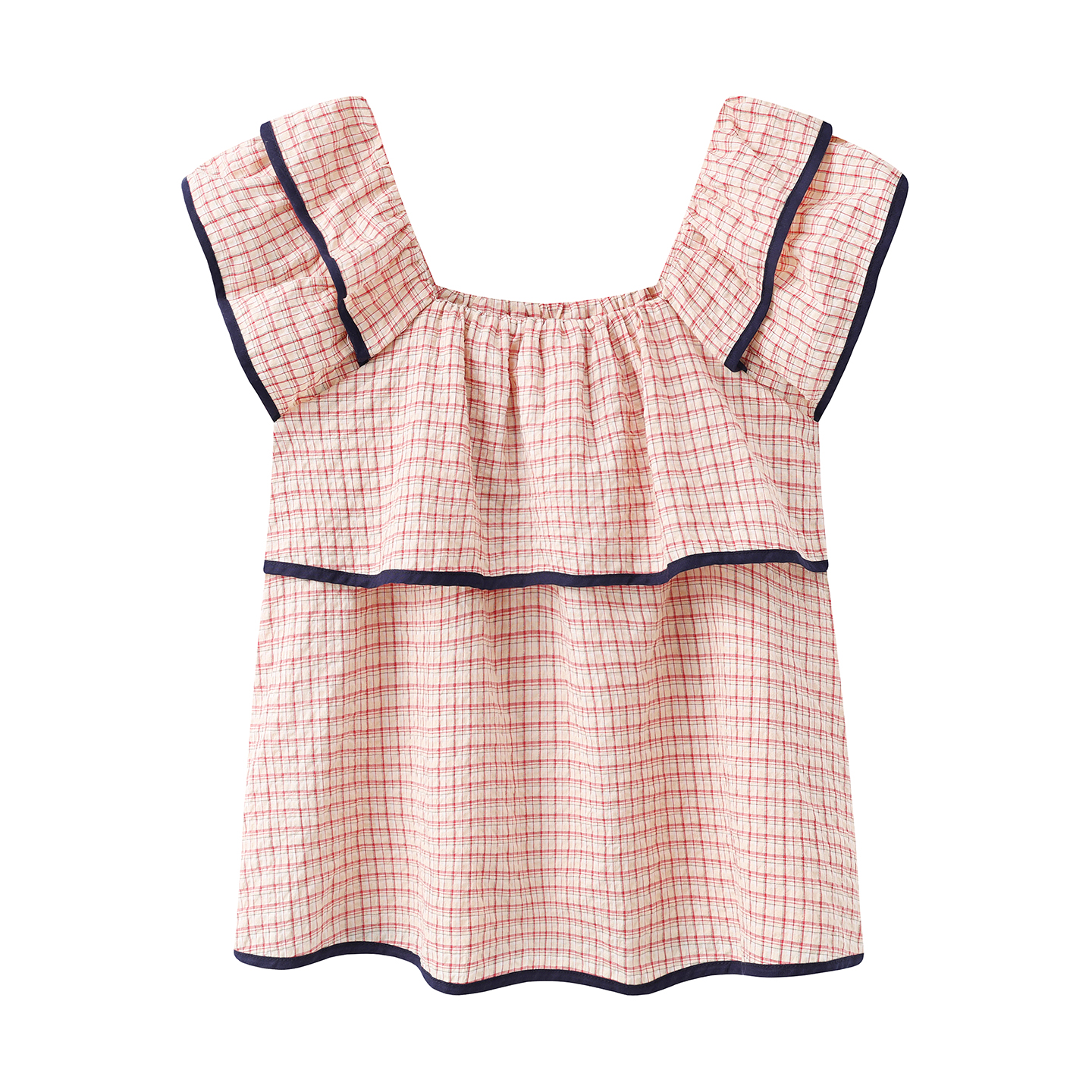 荷叶边格子飞飞袖衬衫上衣