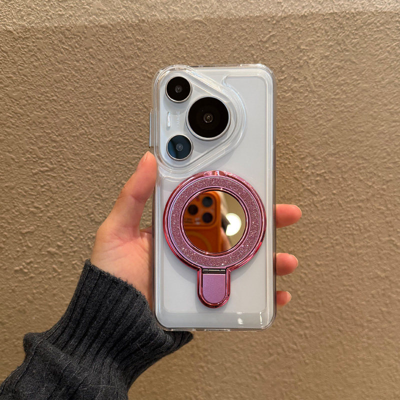 适用华为pura手机壳pro防摔新款十简约+支架por镜子p女款闪粉p70透明可爱p80化妆镜80指环支撑70粉色银色