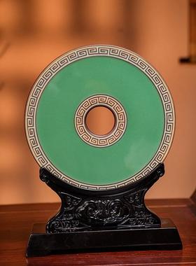 龙泉窑青瓷回纹青壁摆件手工平安扣玄关客厅装饰和氏璧乔迁礼品