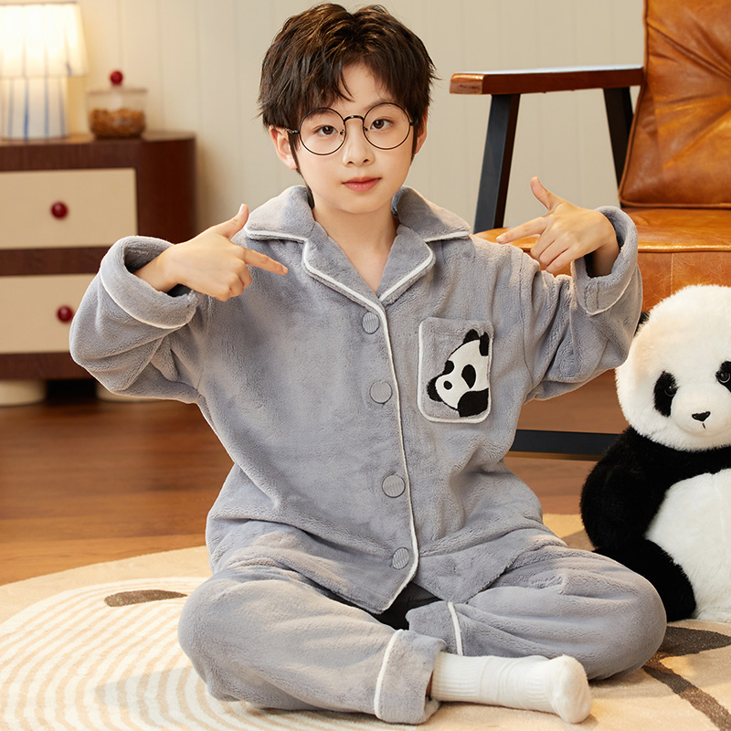 儿童法兰绒睡衣男童加厚秋冬季中大童熊猫宝宝青少年珊瑚绒家居服