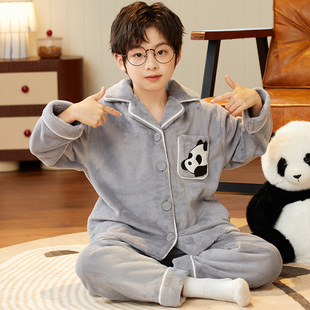 儿童法兰绒睡衣男童加厚秋冬季中大童熊猫宝宝青少年珊瑚绒家居服