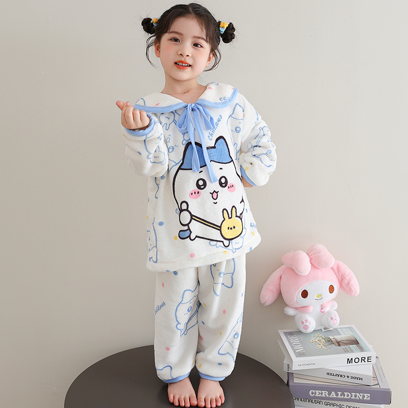 吉伊卡哇chiikawa睡衣女童秋冬季法兰绒加绒加厚中大童女孩家居服