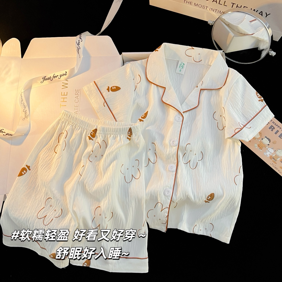 儿童睡衣女夏季短袖短裤云朵棉薄款中大童小女孩初中生家居服套装 - 实物图