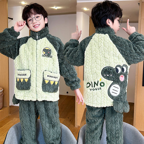 儿童法兰绒睡衣男童秋冬季加绒加厚珊瑚绒小男孩中大童家居服套装