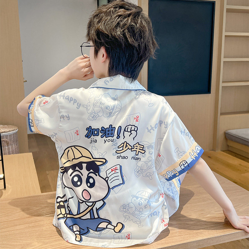 男童冰丝睡衣夏季短袖薄款卡通中大童青少年夏天空调房家居服套装