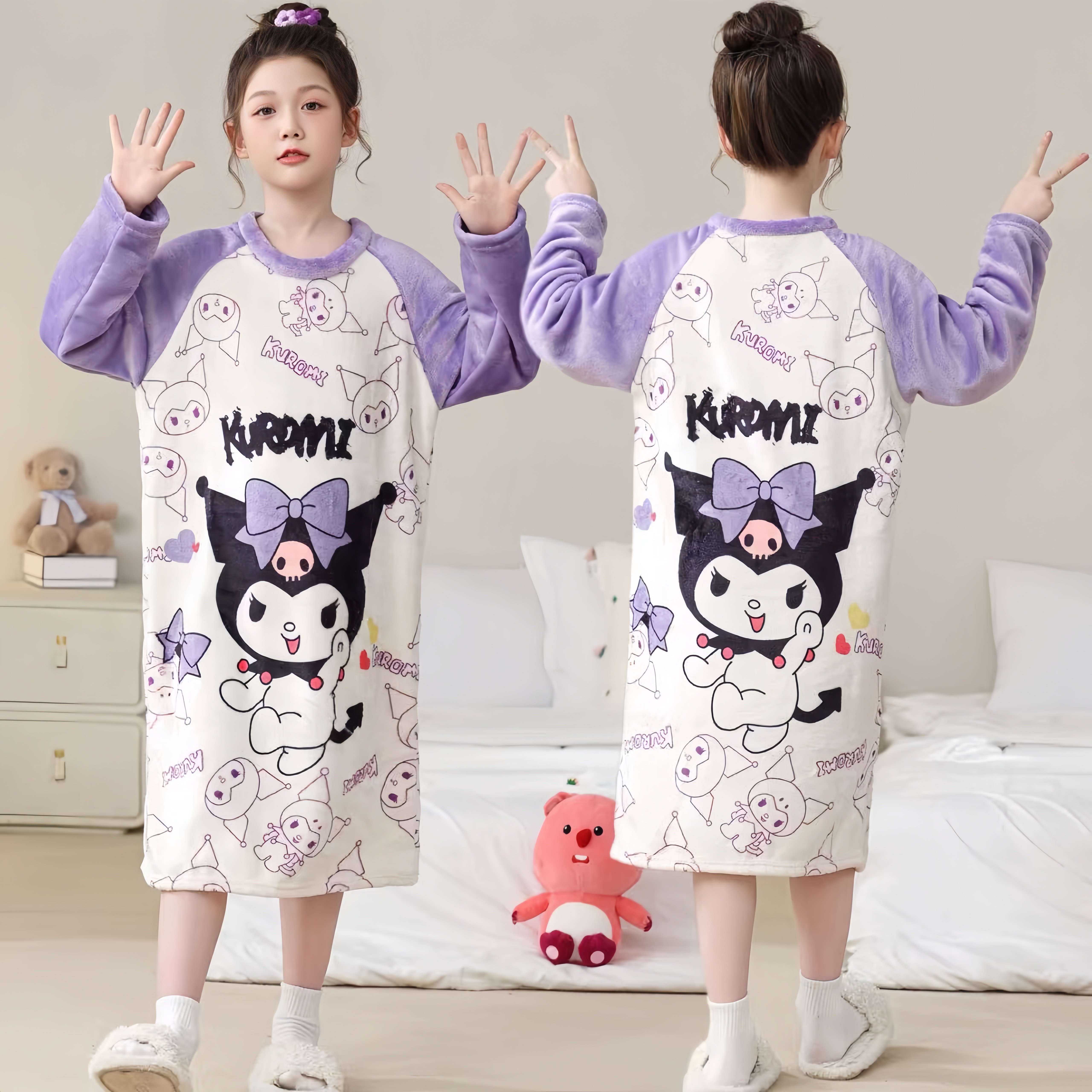 库洛米萌女童睡裙秋冬法兰绒儿童卡通加厚保暖家居服睡袍女孩睡衣