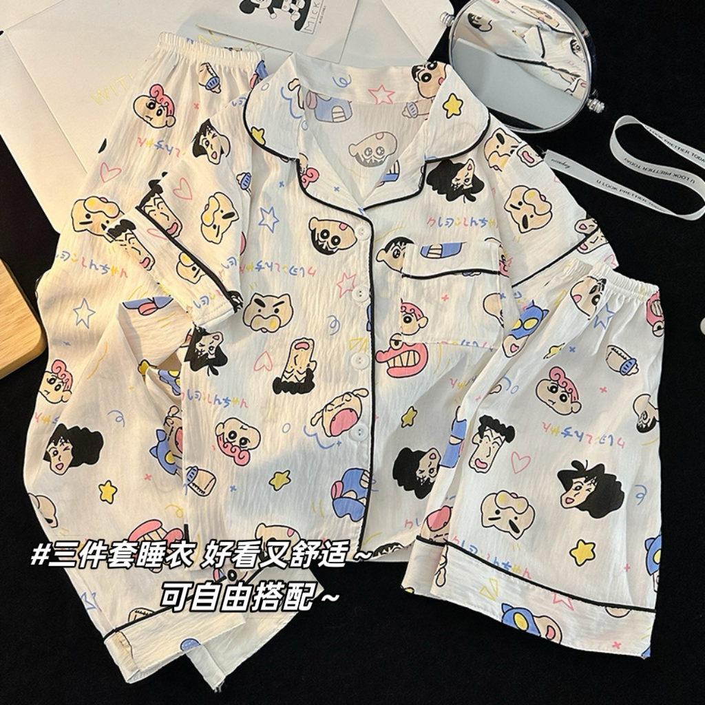 蜡笔小新男童睡衣三件套夏季薄款云朵棉2025新款女孩中大童家居服