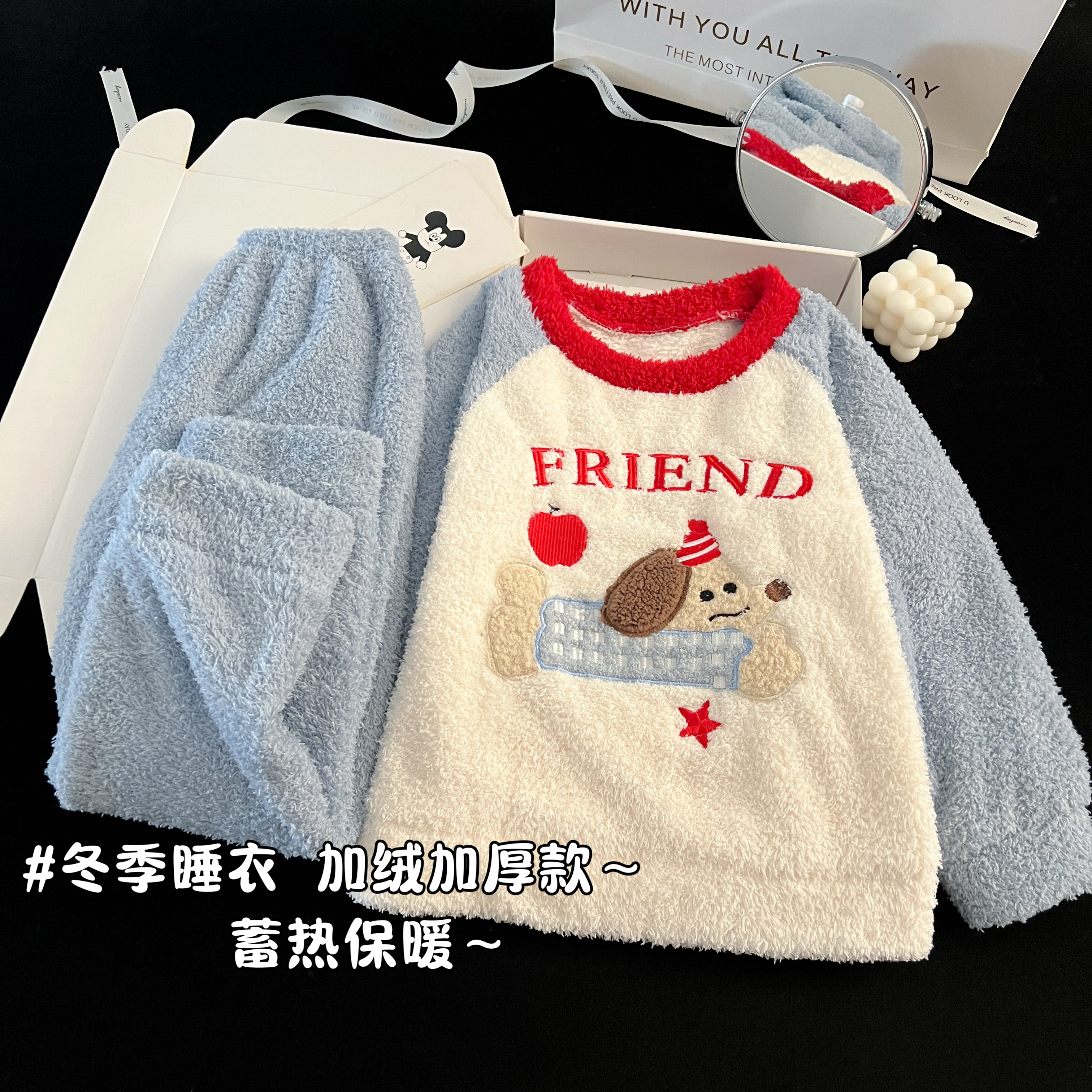 儿童睡衣女孩冬季新款女大童半边绒圆领家居服女童秋冬珊瑚绒套装