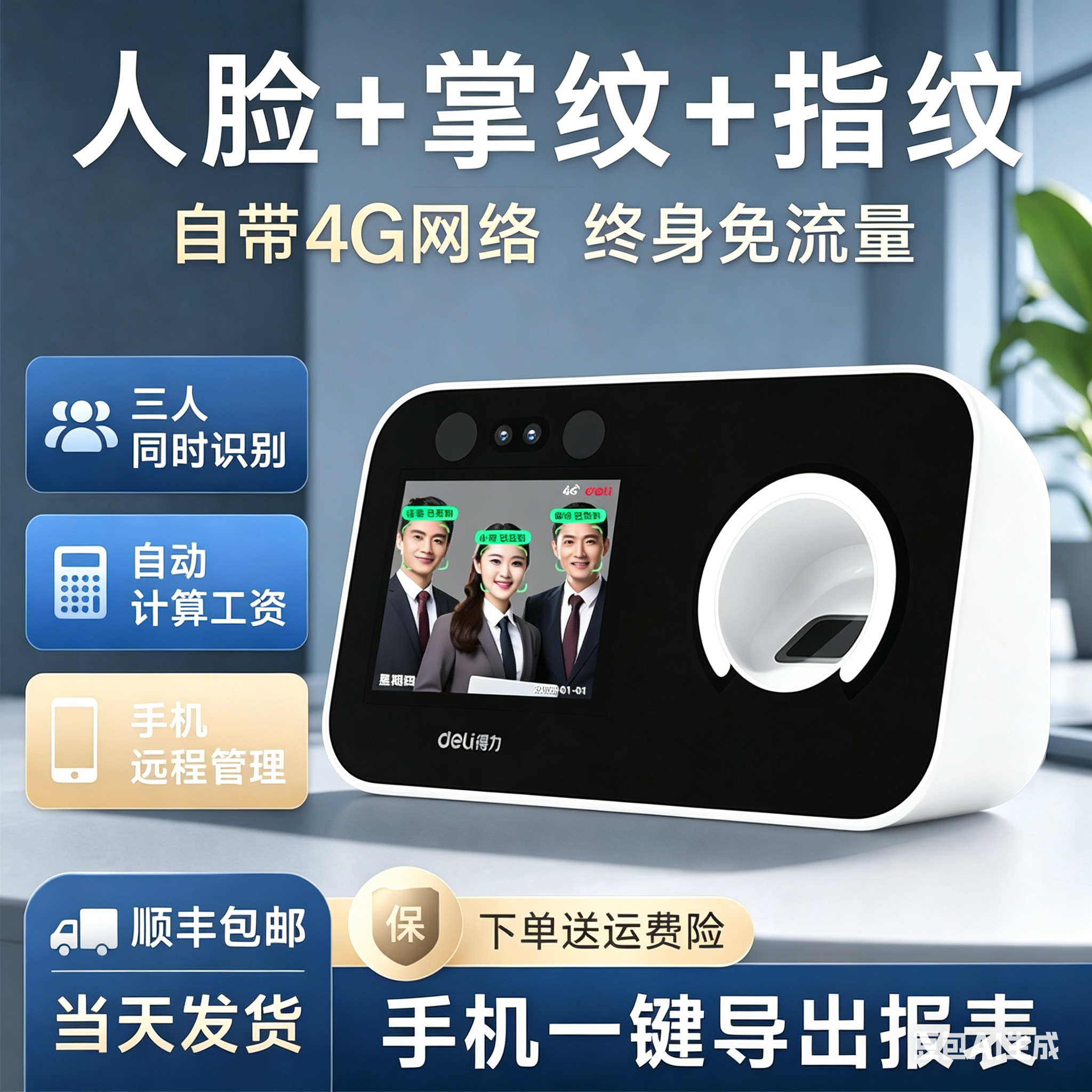 【得力自带4G网络】人脸指纹掌纹掌静脉识别员工打卡考勤机公司员工上下班人脸识别手机远程查看管理D36-4G